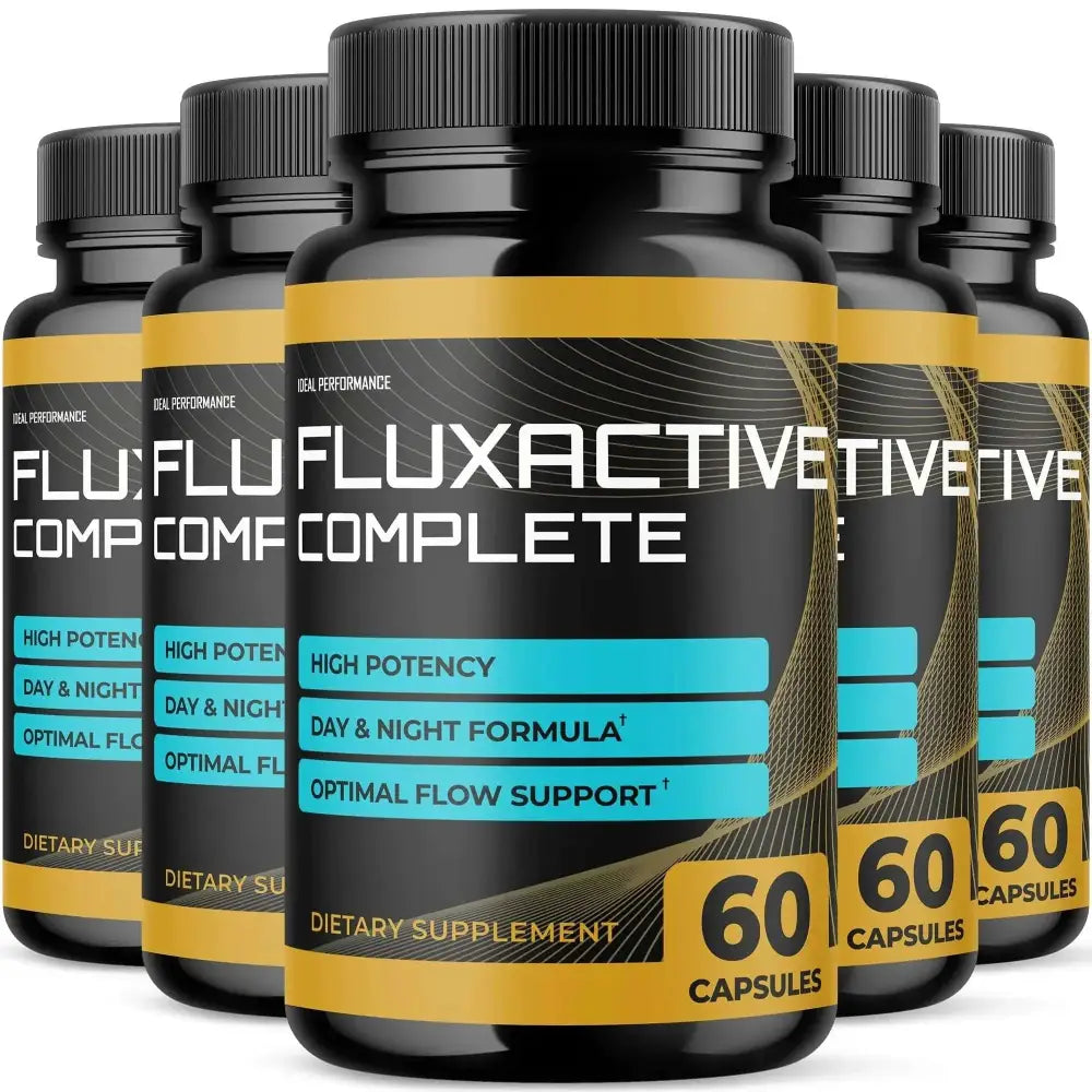 Black plastic bottles with gold and teal labels of fluflux active complete prostate health capsules for male wellness