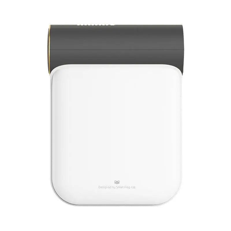 White rectangular small quick dryer with gray fabric top, gold trim, and circular control panel for household use