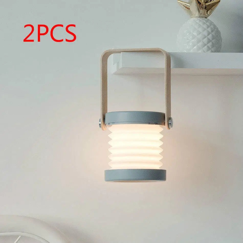 Gray foldable touch dimmable portable lantern with wooden handle and warm diffused light for touch dimmable reading