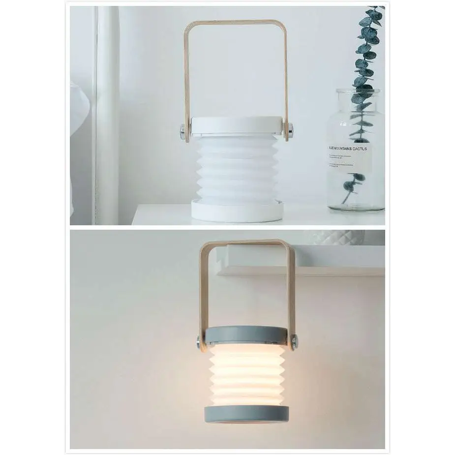 White and gray foldable touch dimmable lantern with wooden handle perfect as a dimmable portable lantern night light