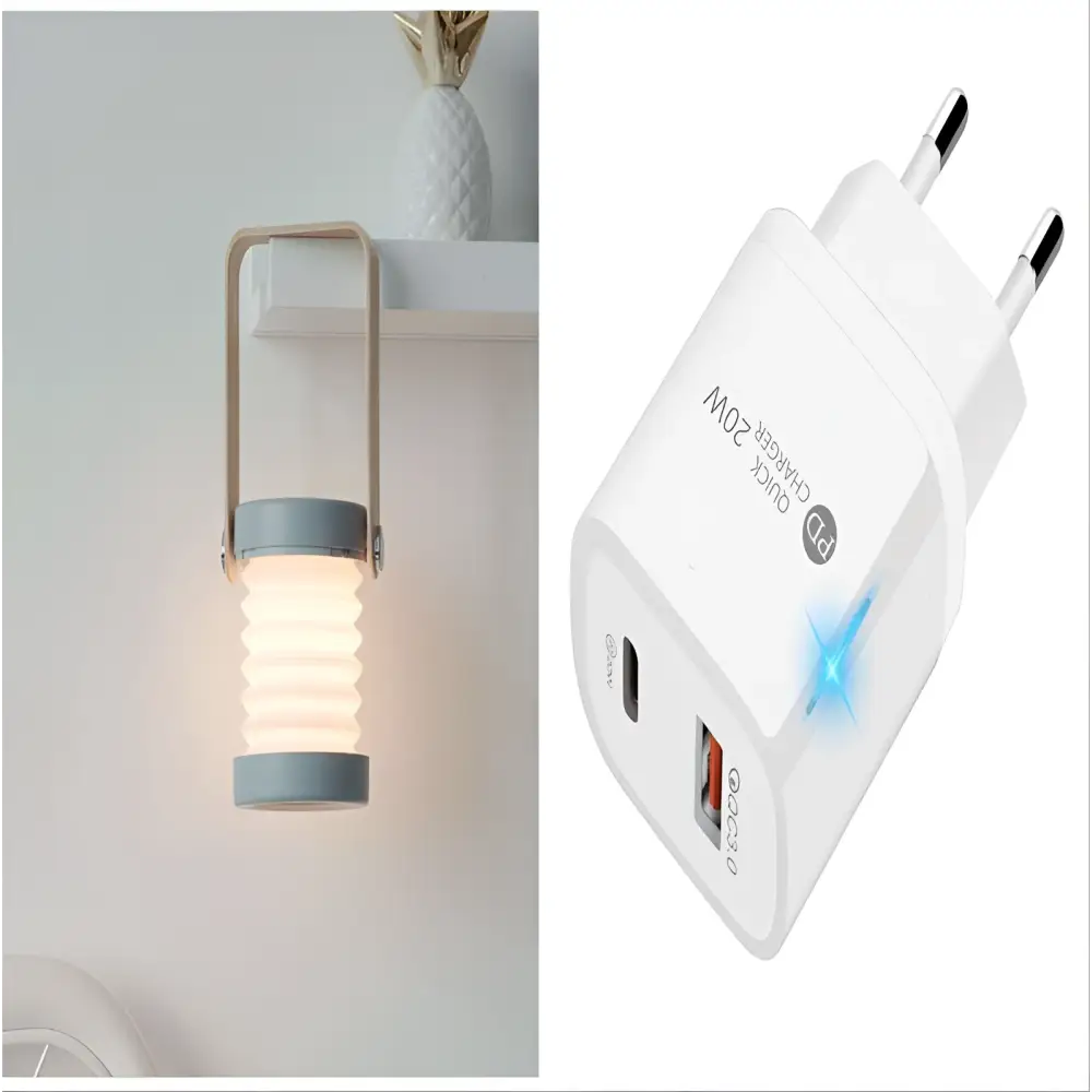 White foldable touch dimmable portable lantern night light with ribbed glowing body and metallic frame wall-mounted design