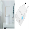 White rectangular usb-c and usb-a combo wall charger with pd quick charge 20w and glowing blue light for foldable touch dimmable lantern