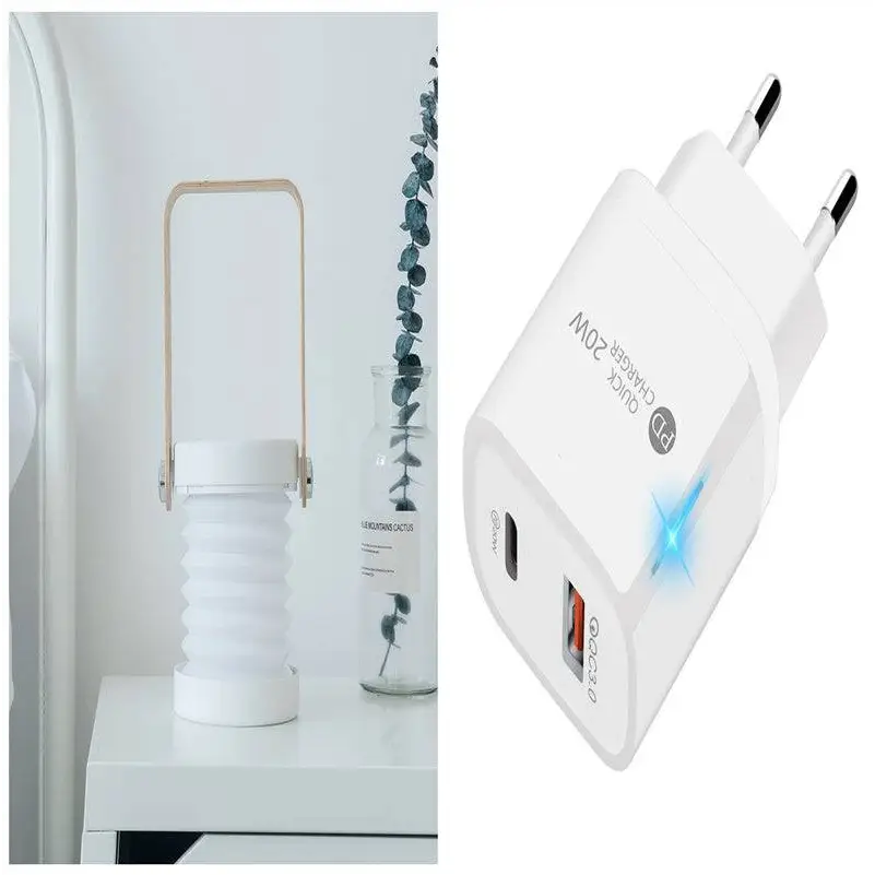 White rectangular usb-c and usb-a combo wall charger with pd quick charge 20w and glowing blue light for foldable touch dimmable lantern