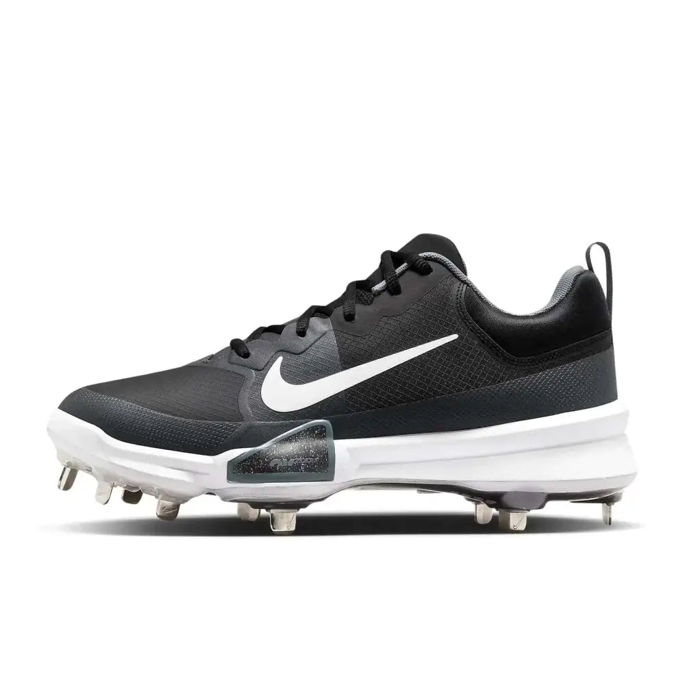 Black nike force zoom trout 9 elite low metal baseball cleats with white swoosh and silver metal spikes