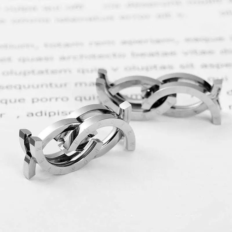 Stainless steel polished interlocking chain cufflinks complementing forever engraved fashion deformation ring necklace