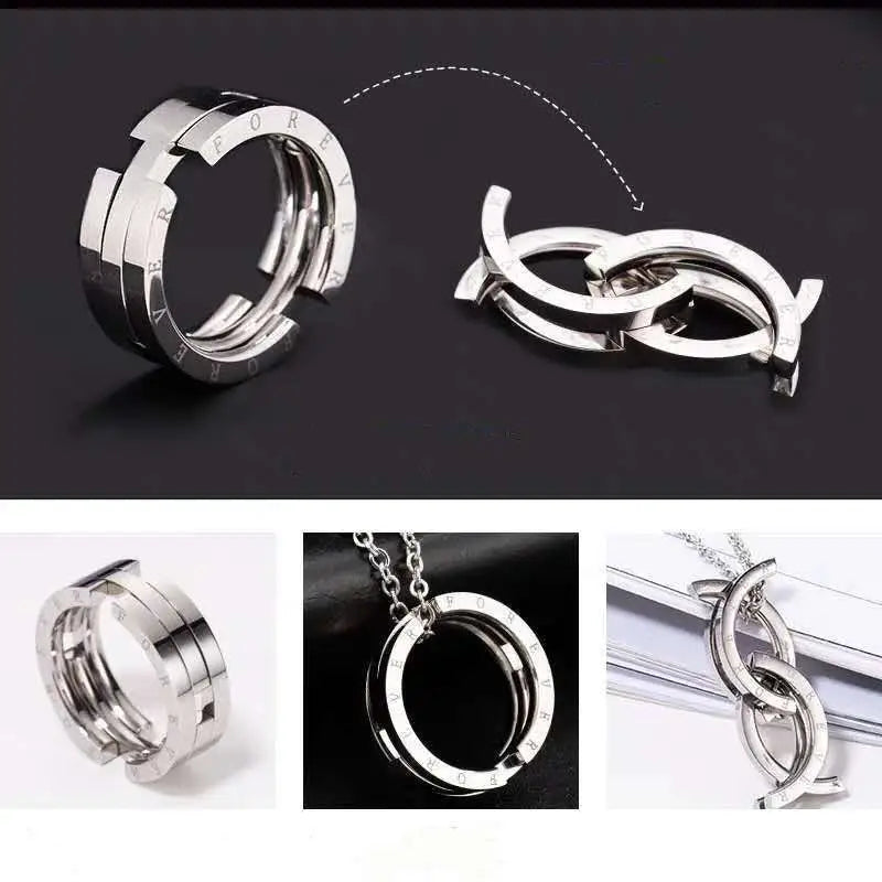 Silver metallic fashion deformation ring necklace with interlocking forever engraved stacking rings design