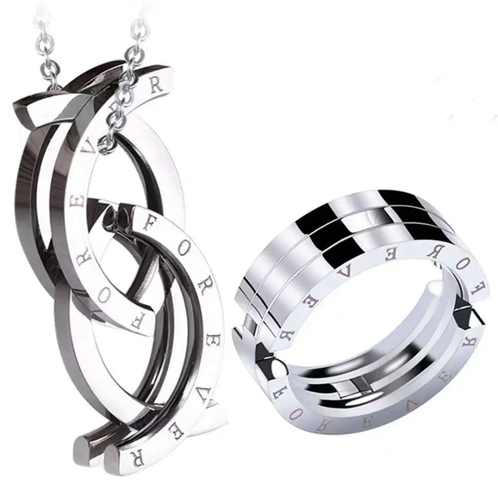 Silver forever engraved fashion deformation ring necklace set with black accents featuring interlocking design