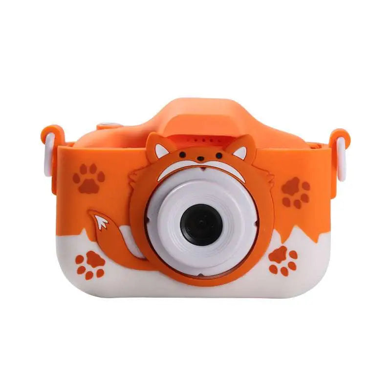 Orange and white fox-themed children’s digital camera with face design and paw print decals for kids use