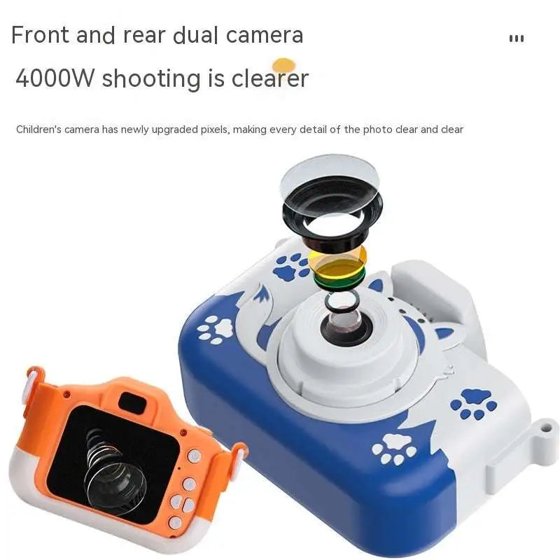 Blue and white plastic children’s digital camera with paw print decals and fox and cat face design