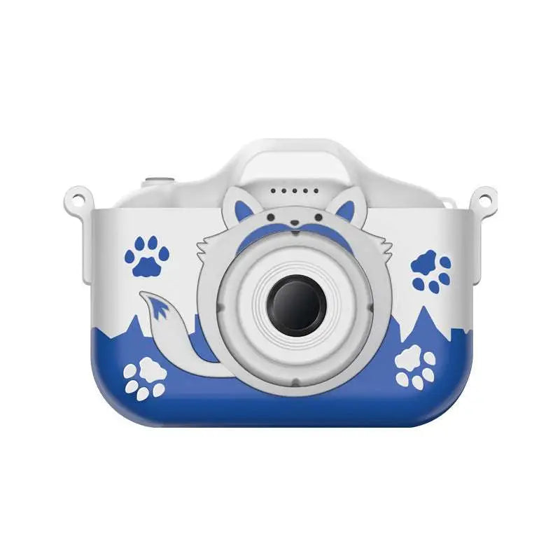 White and blue children’s digital camera with fox face design and paw print decals for playful photography