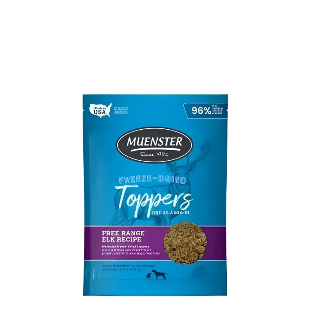 Blue and purple package of free range elk freeze-dried dog food toppers with muenster freeze-dried elk recipe 8 oz