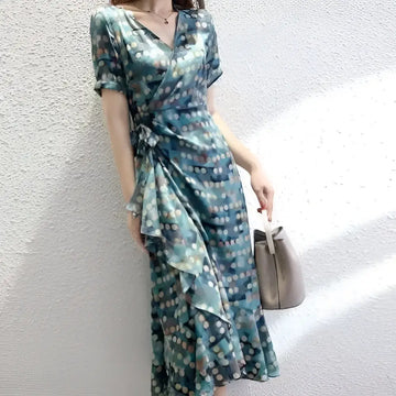 Teal and white polka dot wrap dress with short sleeves ruffled hem french floral slim polka dot wrap style