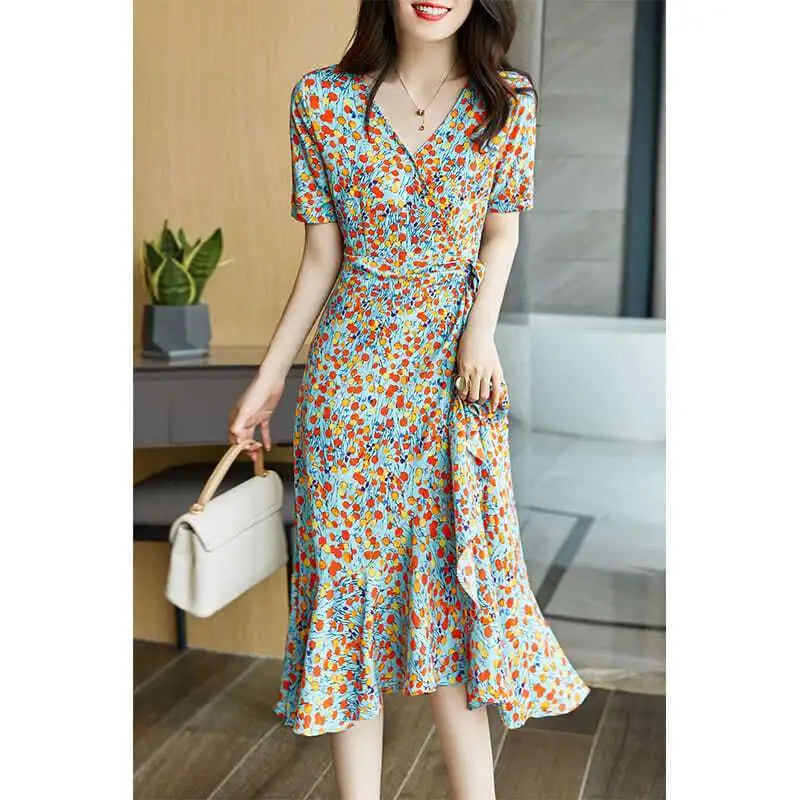 Teal and white polka dot wrap dress with short sleeves ruffled hem french floral slim polka dot wrap style