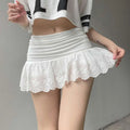 White lace french high waist double layer lace pantskirt with elastic waistband and ruffled hem