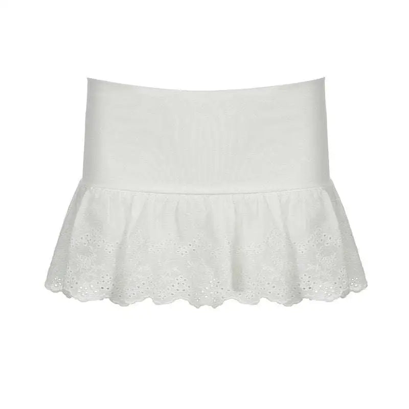 White embroidered french high waist double layer lace pantskirt with flared eyelet lace hem