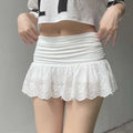 White lace-trimmed mini skirt with ruched waistband in french high waist double layer lace pantskirt design