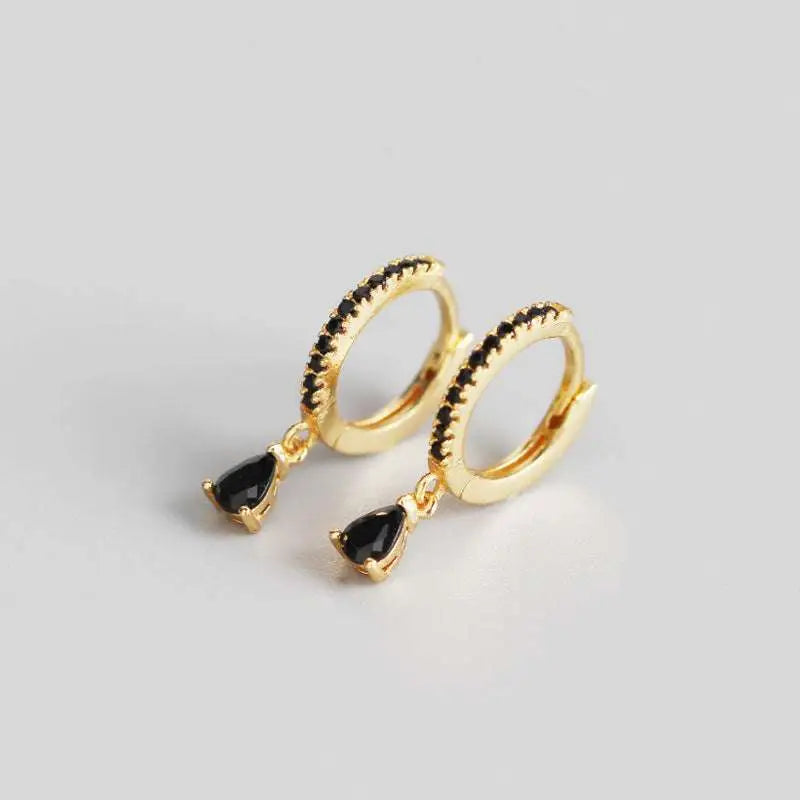 French style wind silver hoop earrings with black zirconia teardrop stones and tiny black gemstones along edge