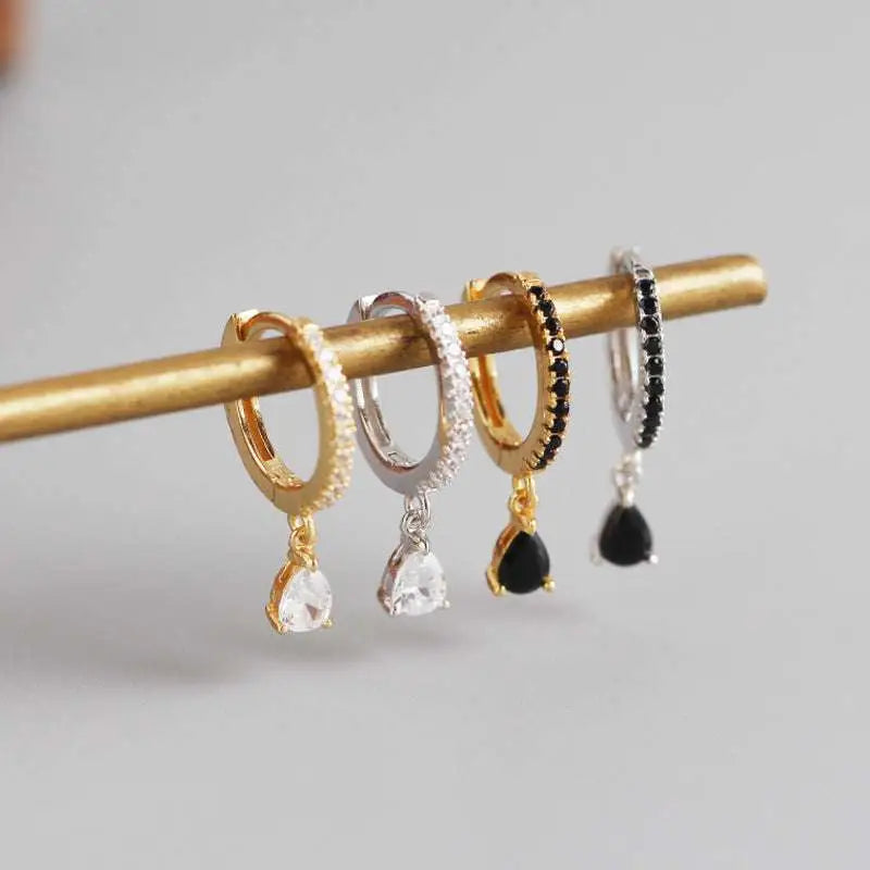 French style wind silver hoop earrings adorned with black zirconia stones and dangling teardrop black gemstones