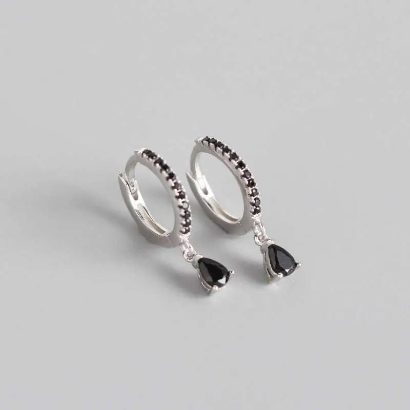 French style wind silver hoop earrings adorned with black zirconia stones and dangling teardrop black gemstones