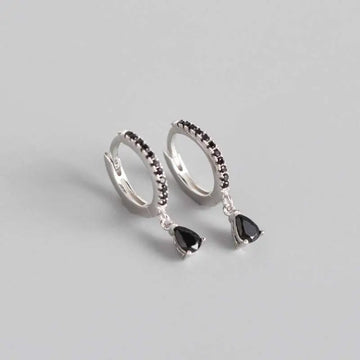 French style wind silver hoop earrings adorned with black zirconia stones and dangling teardrop black gemstones