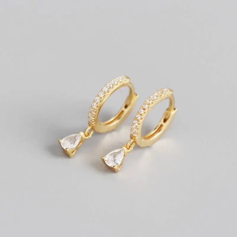 Gold silver hoop earrings in french style wind design with clear crystals and pear-shaped black zirconia drops