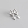 French style wind black zirconia silver hoop earrings with tiny clear crystals and dangling pear-shaped crystal drops