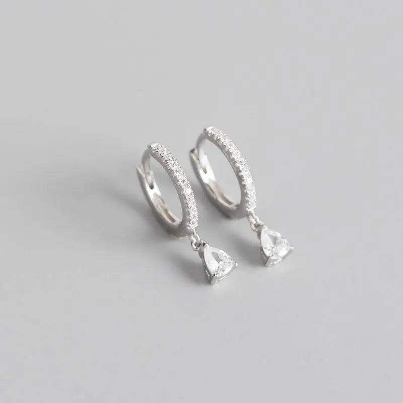 French style wind black zirconia silver hoop earrings with tiny clear crystals and dangling pear-shaped crystal drops