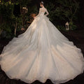A shimmering ivory french temperament dream wedding evening dress with fitted bodice long sleeves and sequin train