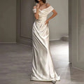 A french white off-shoulder satin wedding dress in soft ivory with a sleek silhouette and subtle bodice draping