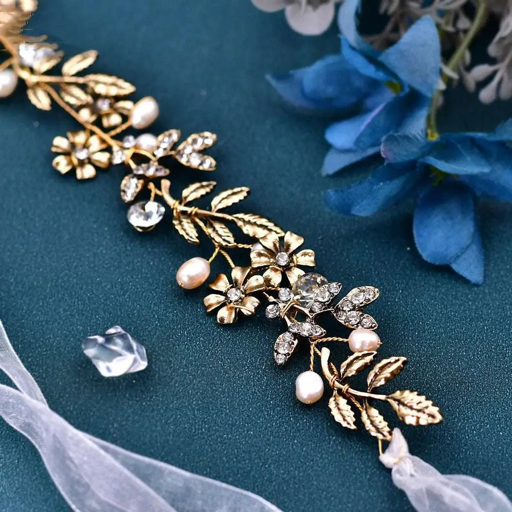 Gold-toned freshwater pearl silver floral headband with clear crystals pink pearls and delicate leaf design