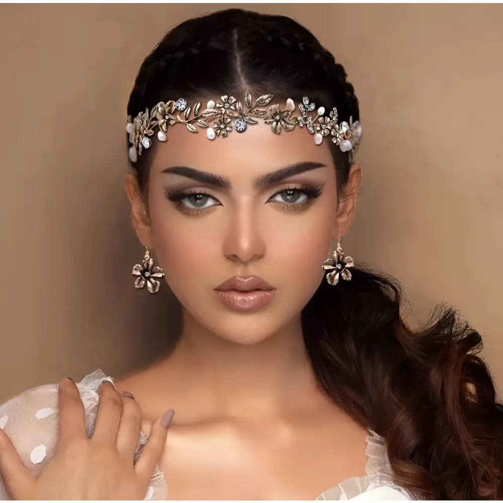 Freshwater pearl leaf silver floral headband adorned with delicate pearls and sparkling stones in silver tone
