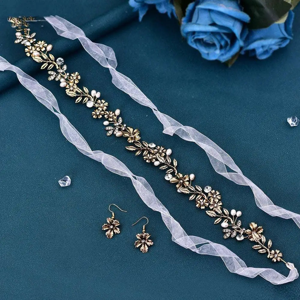 Gold-toned freshwater pearl and clear crystal silver floral headband with leaf design and flowing sheer ribbon accents