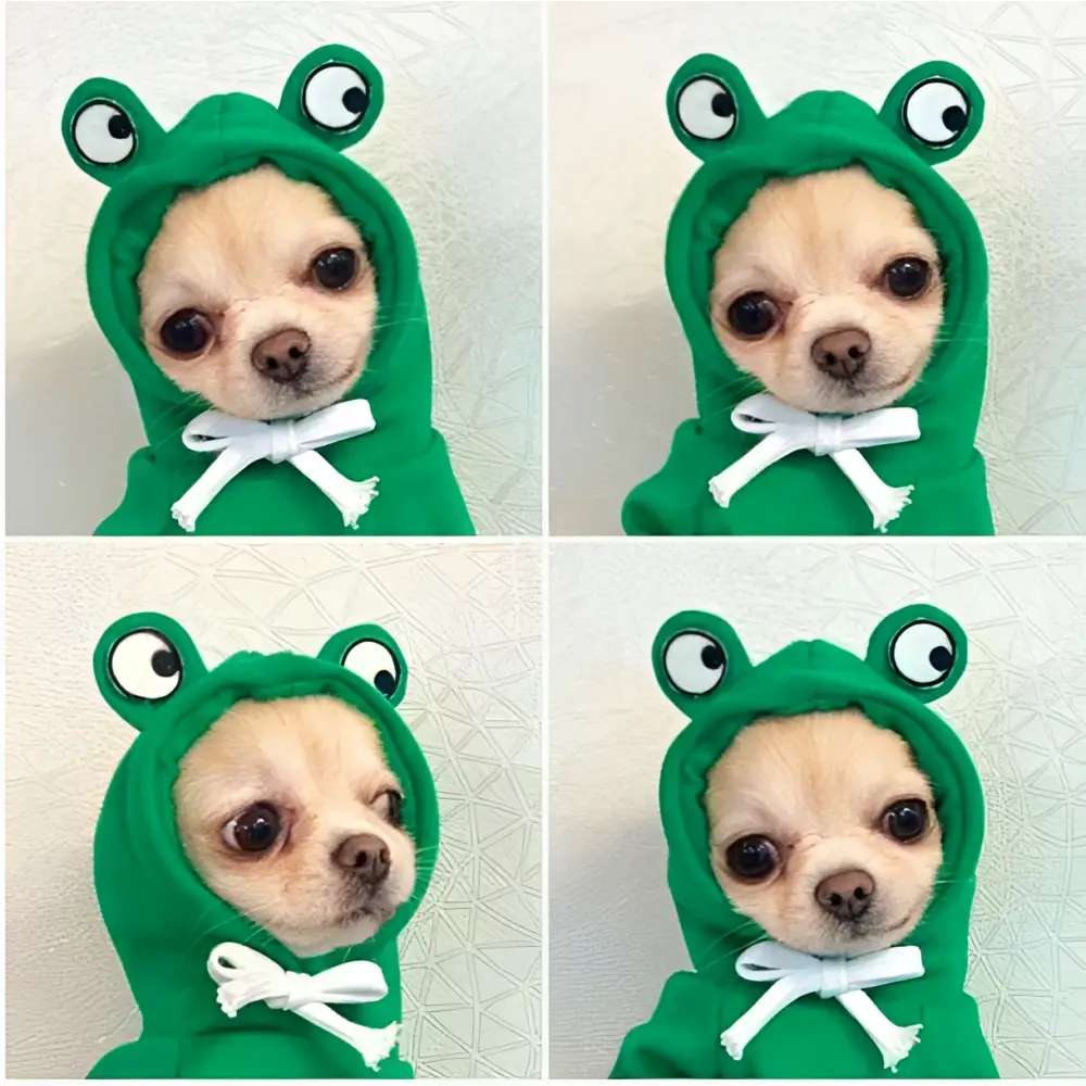 Green frog plush fruit dog clothes hoodie with white bow tie for small dogs hoodies in soft fabric