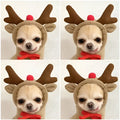 A tan chihuahua wearing a brown reindeer antler hat and red bow tie modeling frog plush fruit dog clothes for small dogs hoodies