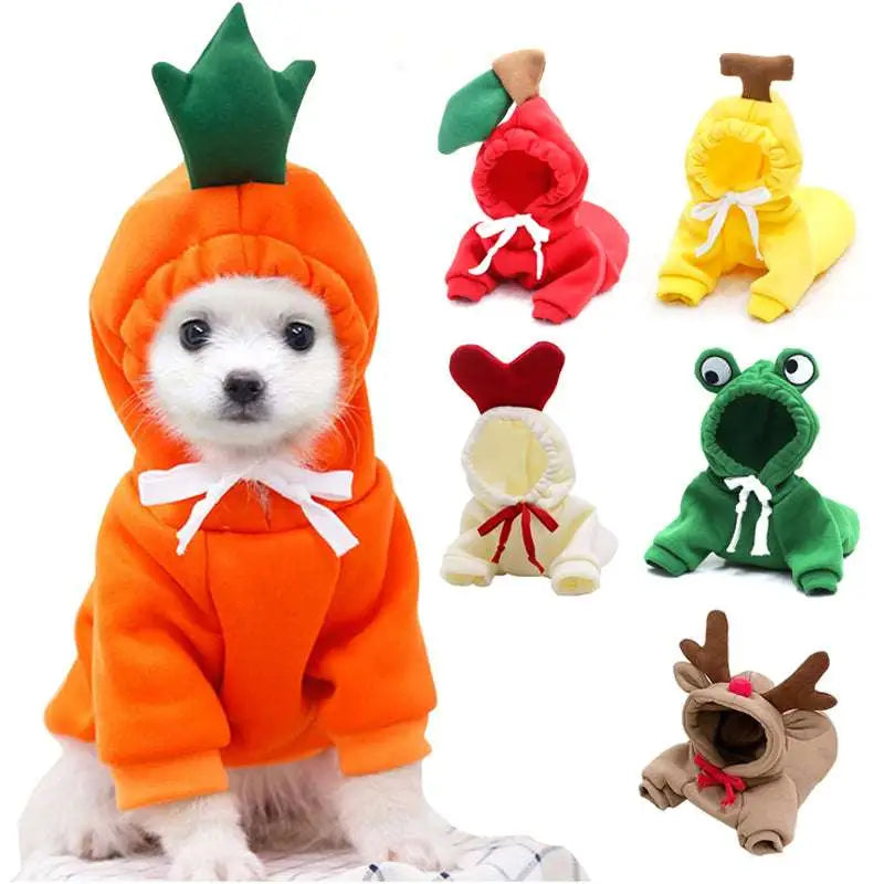 Orange plush carrot themed fruit dog clothes hoodie with green leafy top and white bow tie for small dogs hoodies frog plush fruit
