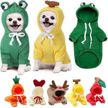 Green frog plush fruit dog clothes hoodie with white drawstrings and embroidered eyes for small dogs hoodies