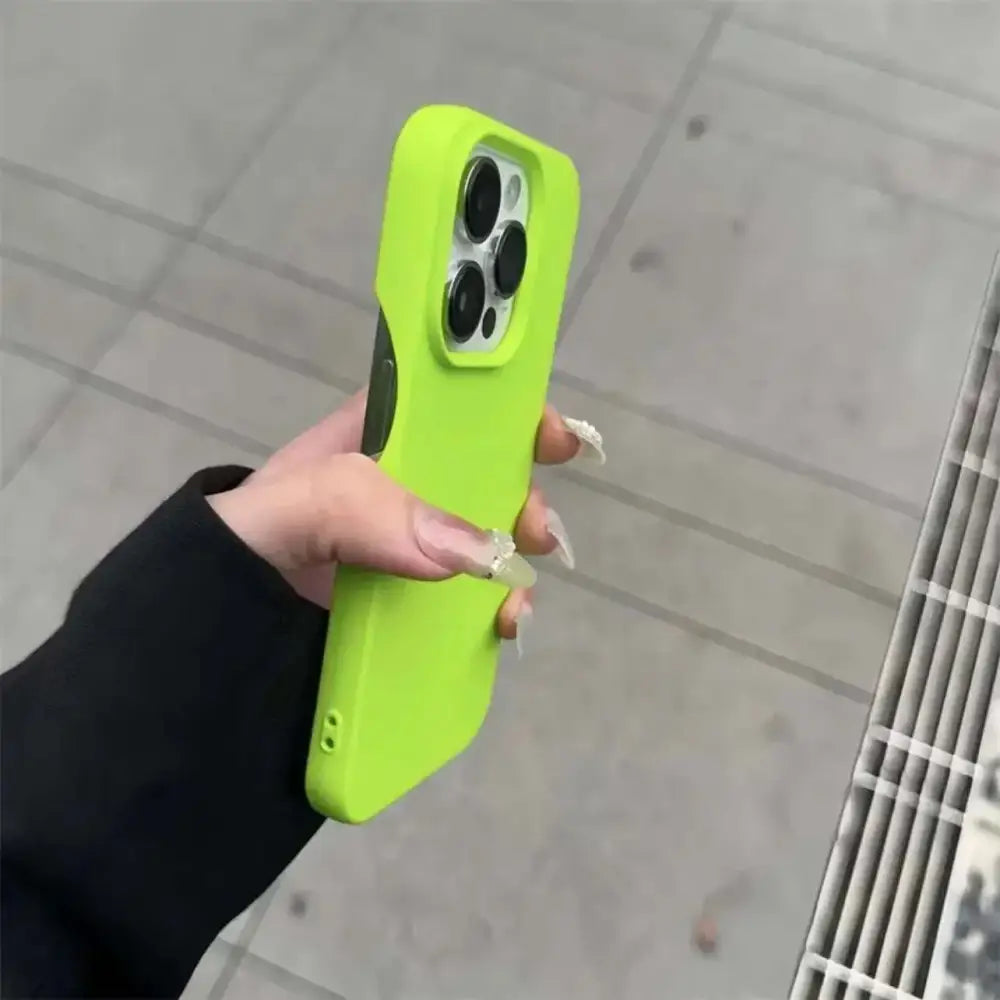 A vibrant lime green frosted finish half-pack graphite case with matte finish designed for iphone with three cameras back view