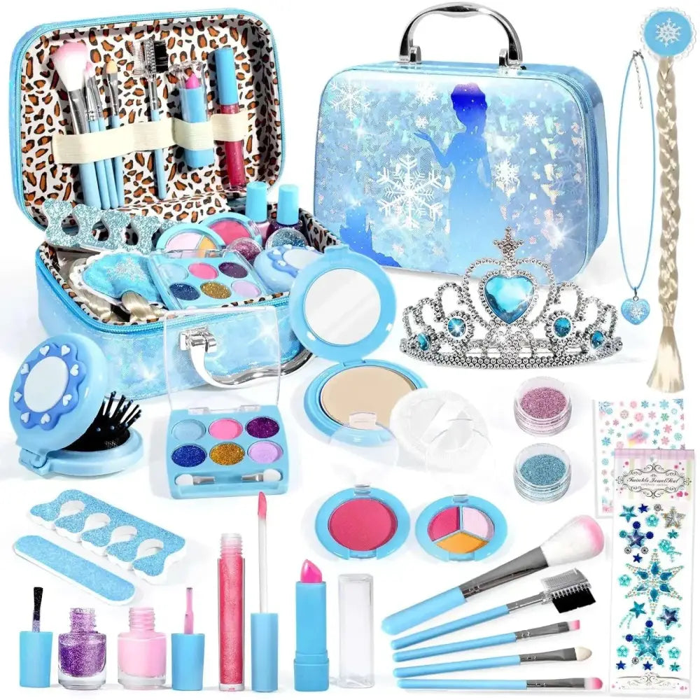 Frozen blue kids makeup kit with glittery accents and leopard print interior designed for girls makeup kit use