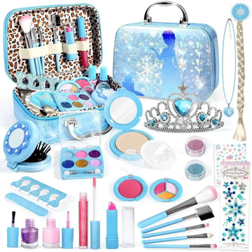 Blue elsa-themed kids makeup kit with glittery accents and leopard-print interior for frozen blue kids and girls makeup kit