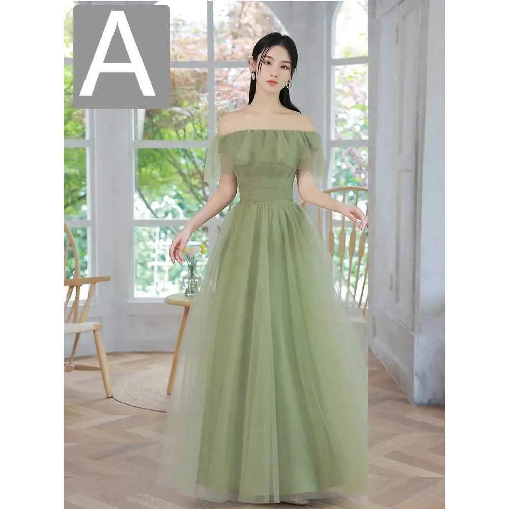 A flowing fruit green fashion personalized long tulle dress with an off-the-shoulder ruffled bodice and layered skirt