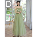 A soft sage green long tulle dress with layered tulle, floral embroidery, and sheer flutter sleeves in fruit green fashion personalized style
