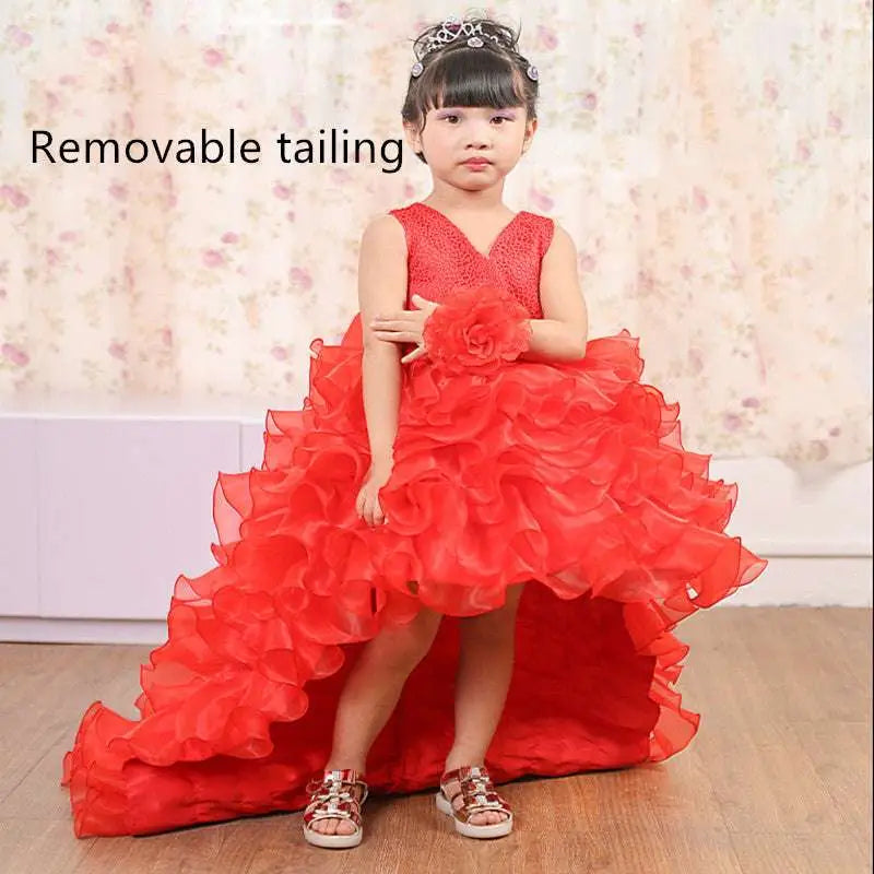 Fuchsia layered ruffled flower girl tuxedo with vibrant red high-low design and removable taffeta trailing dress tail