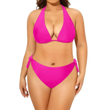 Bright fuchsia plus size triangle bikini set featuring a halter-style top with matching side ties for a stylish fit