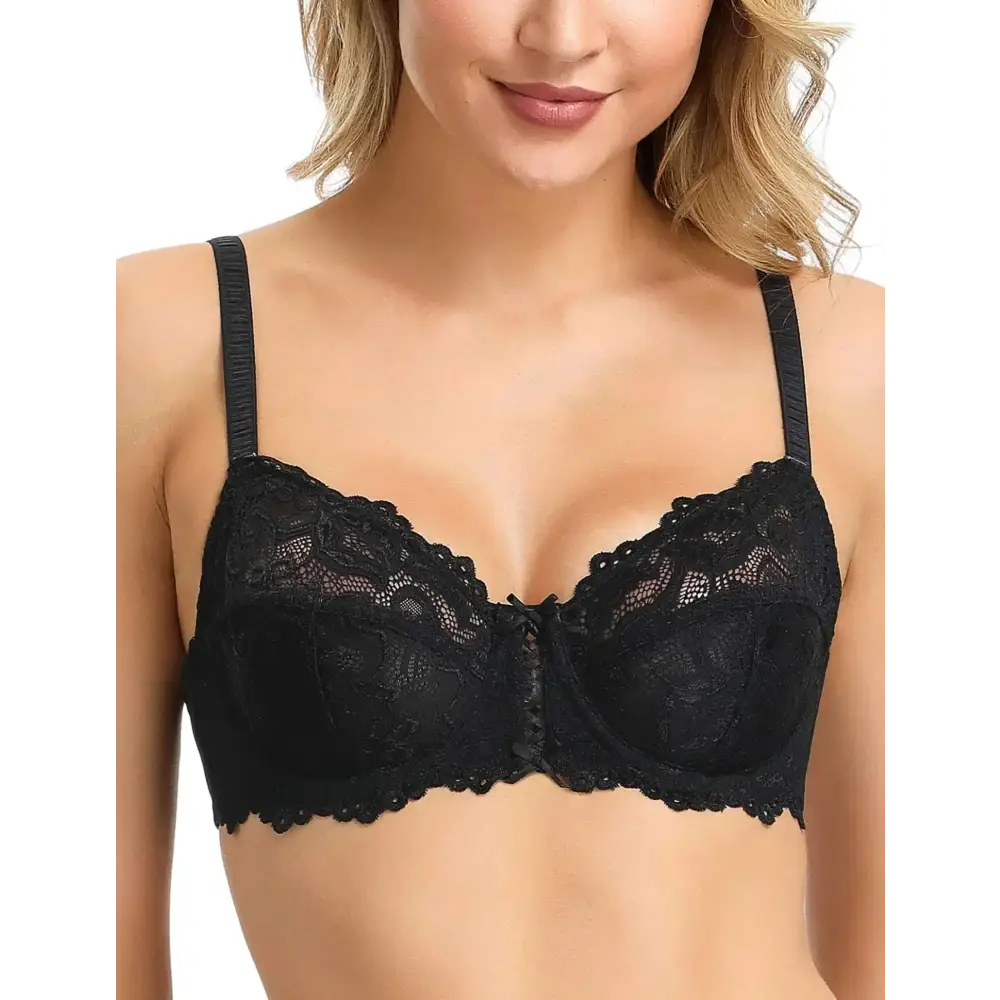 Full coverage sexy lace bra plus size black 42c with delicate floral patterns and thin matching straps