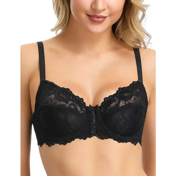 Full coverage sexy lace bra plus size black 42c with delicate floral patterns and thin matching straps