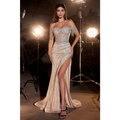 Fully embellished royale essence lux evening gown with silver sequin bodice and sheer beige high-slit skirt