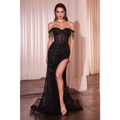Black fully embellished royale essence lux evening gown with off-the-shoulder sequins fringe and a high slit