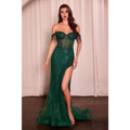 Emerald green fully embellished royale essence lux evening gown with sequins fringe detailing and a high slit mermaid style