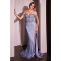 Lavender fully embellished royale essence lux evening gown with off-the-shoulder straps and a high slit