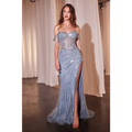 Fully embellished light blue off-the-shoulder evening gown with corseted bodice and flowing tulle skirt with high slit